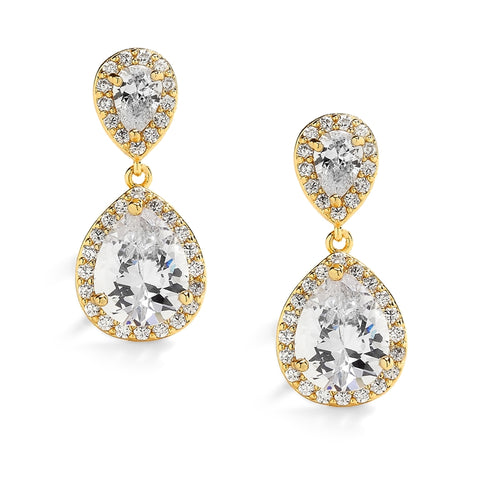 Gold Teardrop Clip-On Cubic Zirconia Wedding Earrings