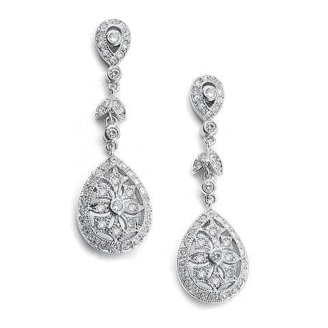 Vintage Etched Cubic Zirconia Dangle Bridal Earrings