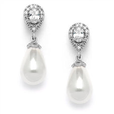 CZ Pear Earrings with Bold Soft Cream Pearl Drops