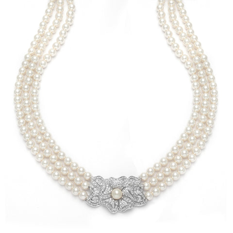 3-Row Pearl & Cubic Zirconia Vintage Wedding Necklace